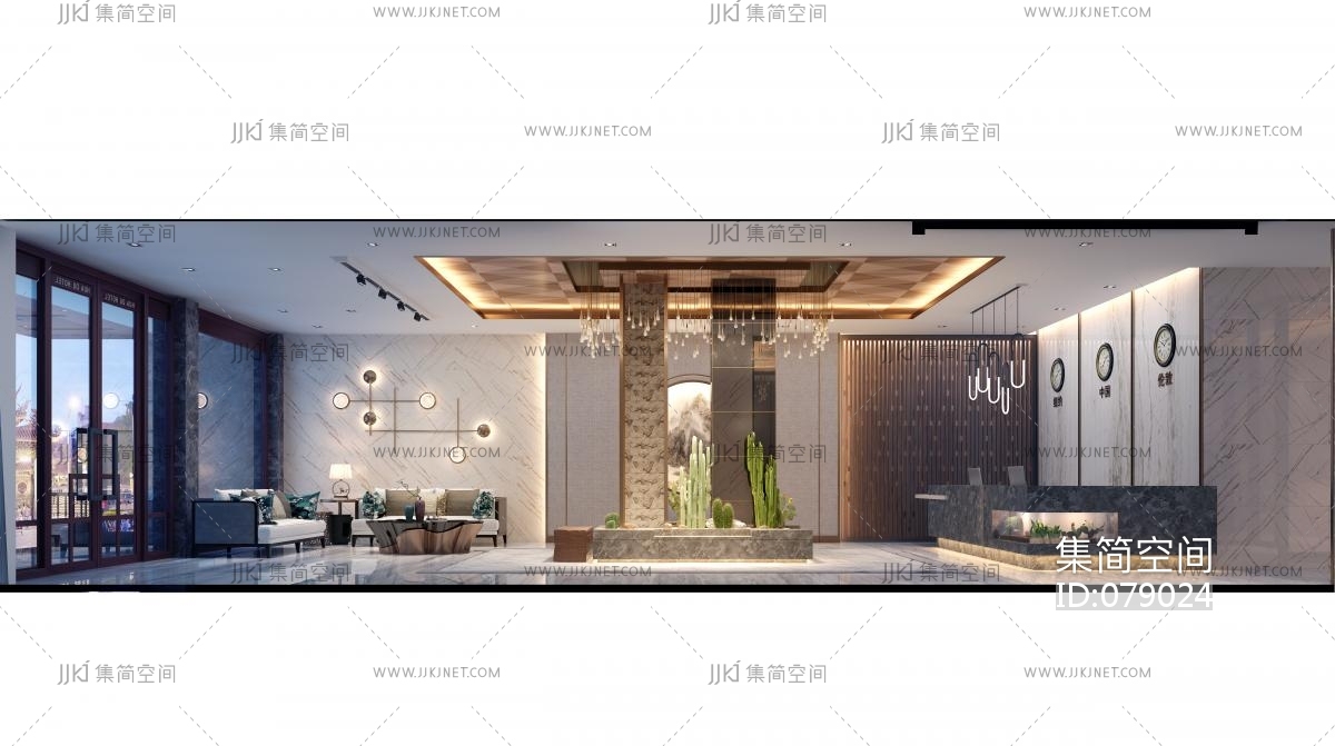 新中式会所大厅大堂前台服务台接待区门厅 3d模型下载-【集简空间】「每日更新」