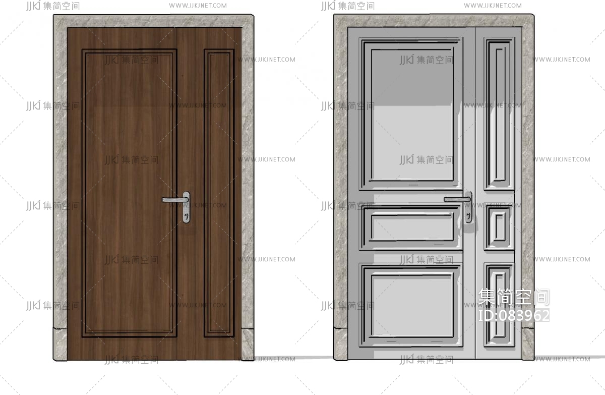 欧式入户门子母门,木门su草图模型下载