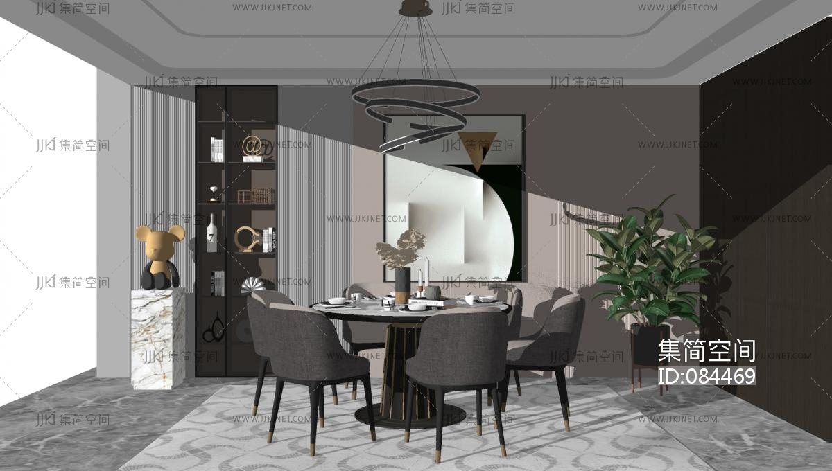 轻奢圆形餐桌椅子,餐具,吊灯su草图模型下载-【集简空间】「每日更新」