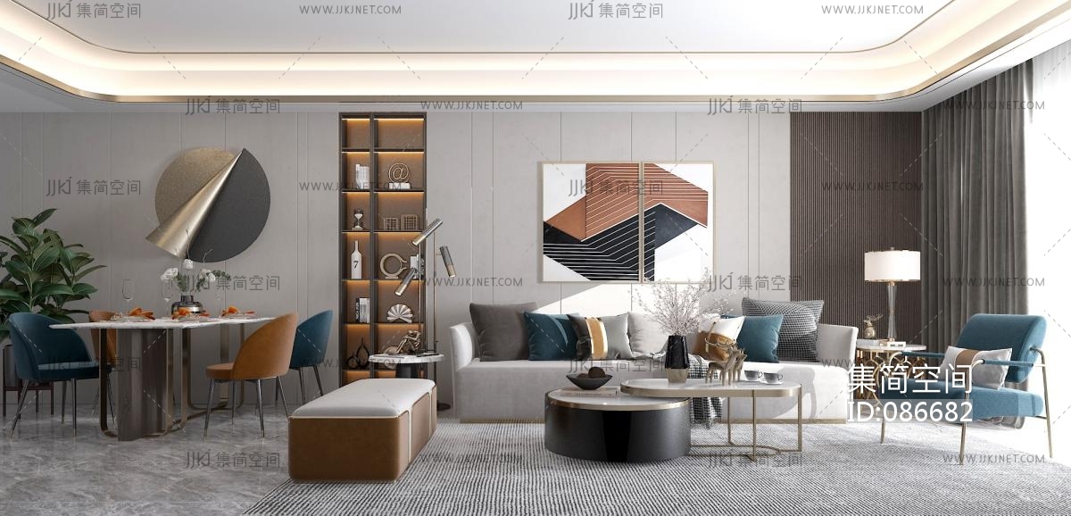 现代轻奢客厅,沙发餐桌椅,茶几3d模型下载-【集简空间】「每日更新」