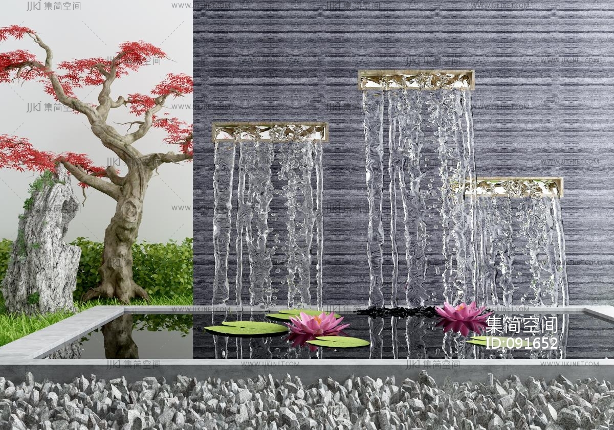 新中式庭院景观流水背景墙，水景