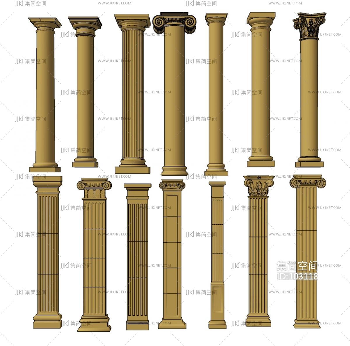 欧式带有柱础的雕花科林斯、爱奥尼罗马柱子3d模型下载_模型ID:28522-让提网