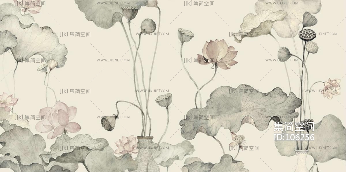 新中式水墨荷花荷叶背景屏风画壁纸壁布背景画 工笔画(110)材质贴图下载-【集简空间】「每日更新」