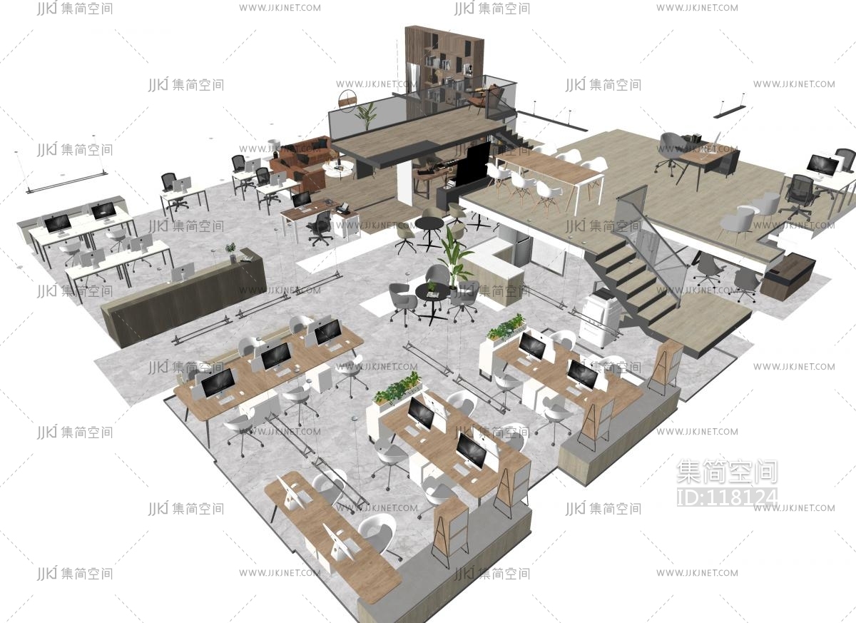 08现代开放开敞办公区办公家具、loft办公区、现代办公桌椅员工工位卡位、前台接待台、办公沙发、洽谈桌椅su草图模型下载-【集简空间】「每日更新」