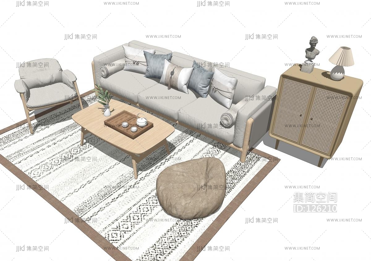 日式原木沙发茶几组合su草图模型下载-【集简空间】「每日更新」