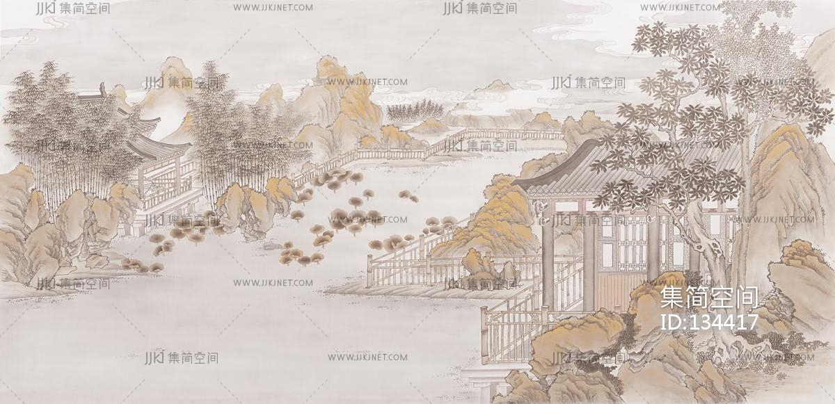 新中式山水背景壁纸壁布壁画， (1)