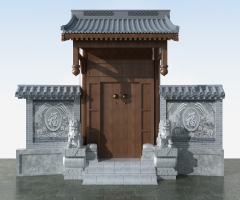 H01-0418中式古建庭院大门门头石狮子墙