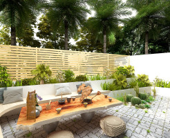 H06-0523户外庭院景观园林植物休息区实木茶桌茶海茶台椅热带植物椰子树