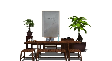 31新中式茶桌椅组合花架摆台SU模型