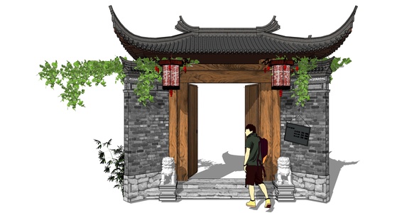 中式别墅庭院建筑大门门楼 院墙  门头 (6)