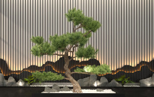 H94-0629中式迎客松盆景中式景观植物石头鹅卵石山形状片墙