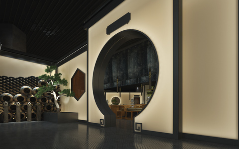 Z04-0702新中式餐厅门头入口酒罐子月亮门迎客松景观