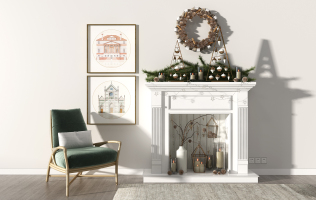 Z05-0708欧式法式壁炉圣诞饰品摆件休闲椅子挂画