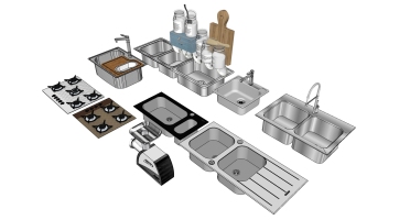13洗菜盆燃气灶绞肉机调料菜板厨房用品组合SketchUp