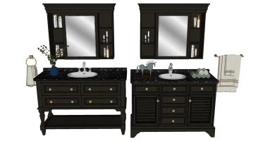 9欧式美式古典洗手台毛巾镜子镜柜卫浴用品组合SketchUp
