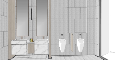 1现代北欧轻奢公共卫生间石材洗手台造型镜子镜前吊灯木质隔断小便斗洗浴用品SketchUp