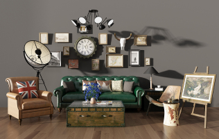 Z06-0712美式欧式工业风沙发木箱茶几组合照片墙装饰画画框羊头挂钟