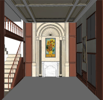 04簡歐式古典門廳轉角樓梯木質欄桿壁爐柱式玄關墻面背景墻造型