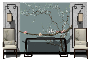 12新中式端景装饰边柜条案高靠背彩绘布艺椅子干树枝摆品艺术羊皮纸壁灯回字纹造型背景墙-