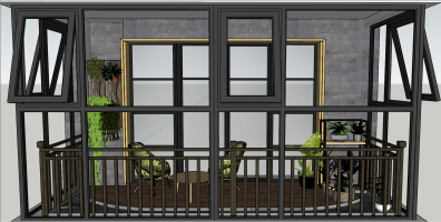 06现代休闲椅文化石墙面绿植花艺架盆栽景观阳台木质栏杆