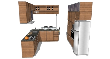 (5)现代木制简约橱柜厨房用具燃气灶水壶冰箱组合