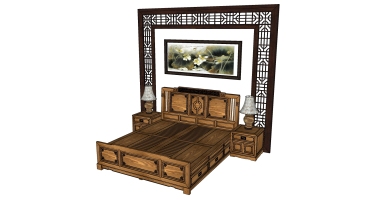 12中式古典实木雕花双人床床头柜台灯组合