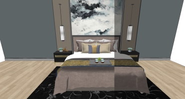 17新中式卧室双人床壁灯摆件床头柜装饰画