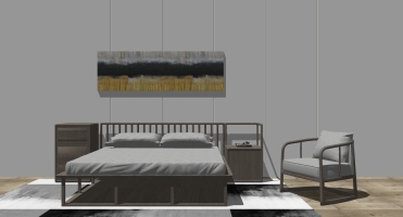 1日式新中式实木双人床床头柜布艺沙发墙饰