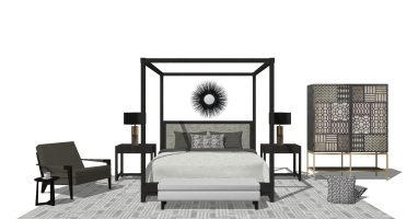 2新中式卧室双人床架子床头柜布艺沙发装饰柜