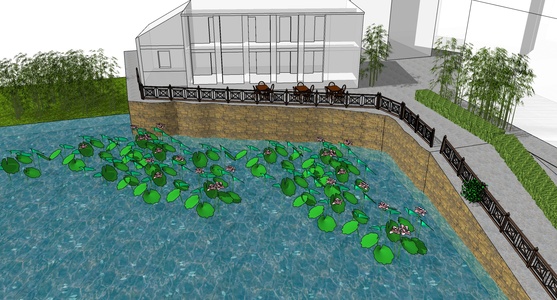 106中式木质护栏围栏水池水系荷花