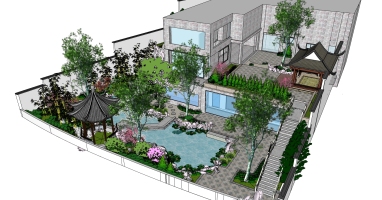 cj (65)別墅會所庭院景觀植物樹綠植水景六角涼亭中式涼亭景觀方案