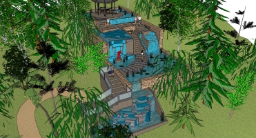 04中式六角凉亭景观水系叠水植物景观设计园林景观