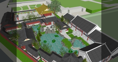 10中式古建四合院景观长廊凉亭人造湖水系石头花园园林景观