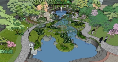 21公园文化广场植物树景观植物树规划人造湖水系廊架凉亭园林景观