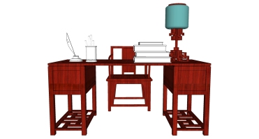 新中式实木桌子书桌椅子摆件台灯SketchUp下