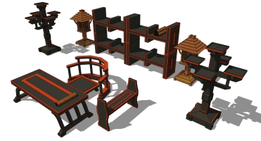 新中式实木书房书桌椅子摆件书架SketchUp下