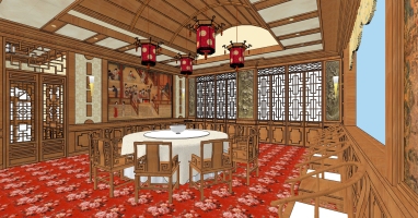 10中式古典餐厅包间包房宫灯餐桌椅花格花窗