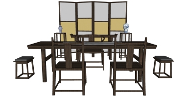 d41新中式书房书桌椅茶桌椅子屏风