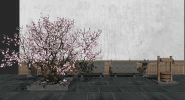 新中式樱花树石凳篱笆组合