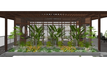 中式陽光房會所木架子房子芭蕉葉植物花槽 