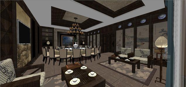 47中式古典餐厅大包间圆形餐桌布艺实木餐椅祥云云纹休闲沙发榻花鸟鱼虫装饰画三层蜡烛装饰吊灯