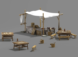 中式古代外摆摊位，，帐篷遮阳伞木头劈柴，柴火，柴火堆，
