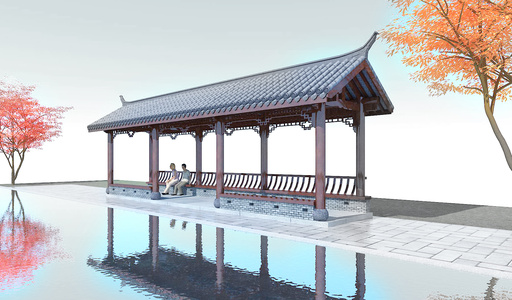 15中式古建亭子,凉亭，连廊，廊架，树树,人物
