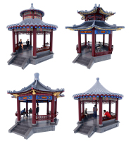 中式彩繪古建涼亭，亭子,石桌椅，人物