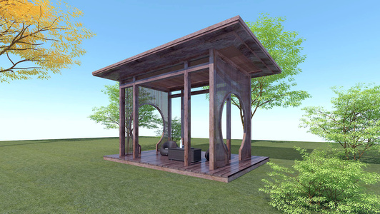 中式景观凉亭，亭子，休闲桌椅，绿植，树，遮阳棚