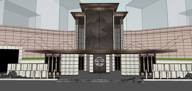 47新中式售楼处会所 售楼处大门 门口景观 新中式会所门头，拴马狮子柱，中式入口景观，商业街区 商业中心