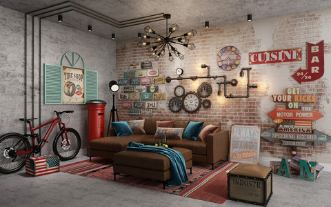  工业LOFT客厅，管道管线压力表，吊灯沙发茶几自行车挂饰挂件 