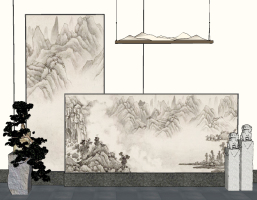 新中式山水屏风画，背景墙吊灯盆景