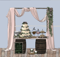 北欧现代工业风婚礼美陈装饰，蛋糕，零食摆件，木质酒桶