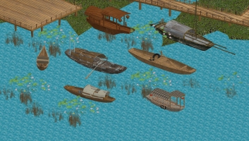 z05-0612中式木船烏篷船，小木船，池塘荷葉荷花池，稻草木橋連廊欄桿，稻草-